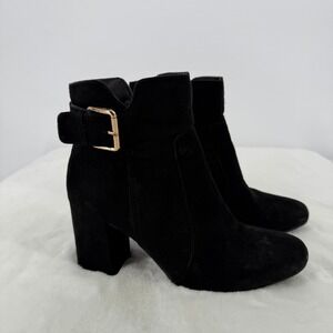 Diba‎ Black Suede Buckle Block Heel Ankle Boots Brady Women's Size 7.5